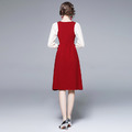 紅裙子法式優雅撞色拼接蕾絲袖V領收腰氣質洋裝_2