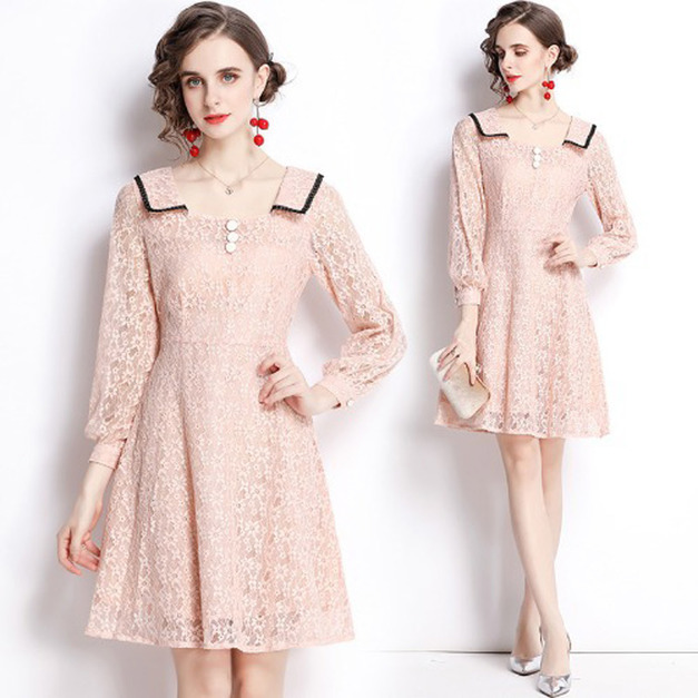 方領長袖蕾絲洋裝小個子典雅復古A字裙