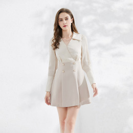 拼接假兩件收腰襯衫裙女v領高腰洋裝喇叭袖A字裙