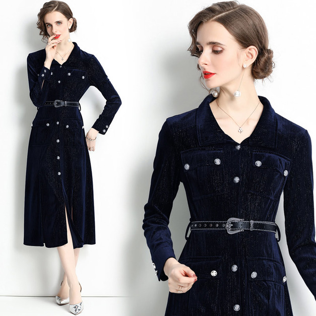 絲絨襯衫洋裝設計感修身中長裙配腰帶