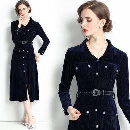 絲絨襯衫洋裝設計感修身中長裙配腰帶