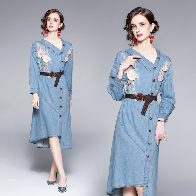 歐洲寬鬆不規則設計感刺繡牛仔洋裝