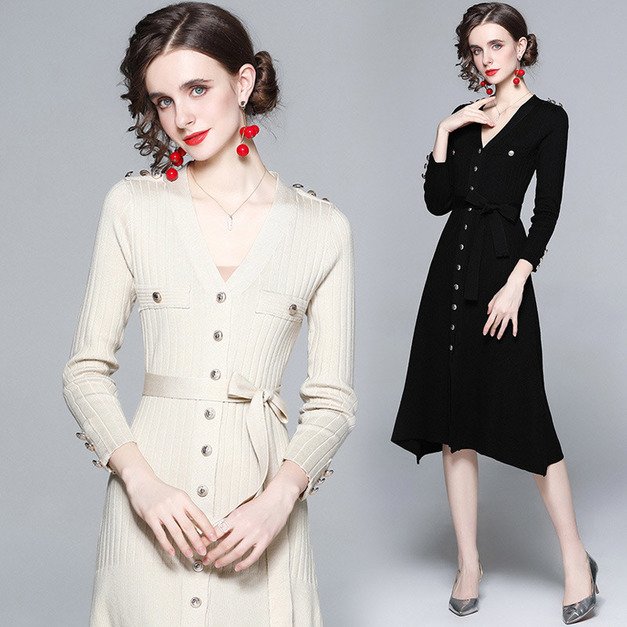 氣質V領單排扣繫帶修身針織開衫洋裝過膝長裙