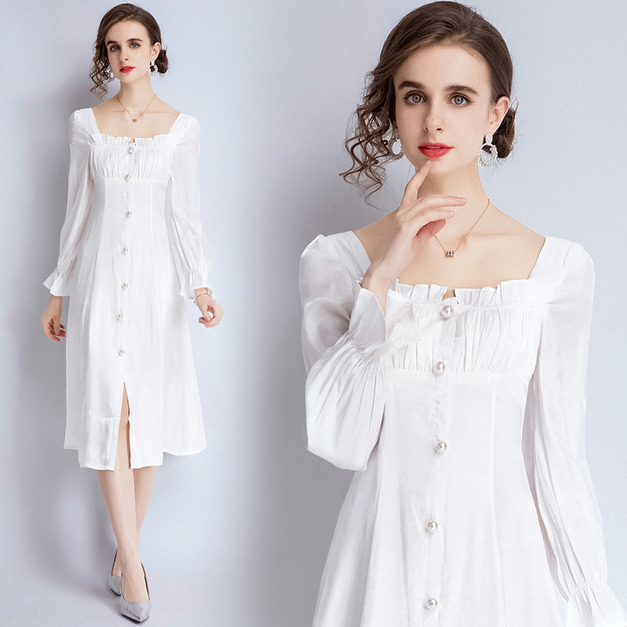 泡泡袖修身袖口有包邊不紮肉白色仙女洋裝