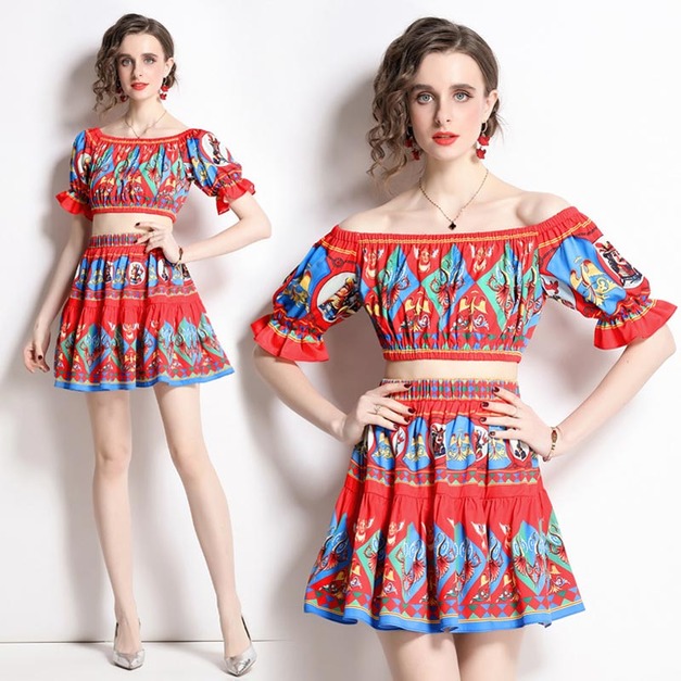 歐美套裝波西米亞風印花一字領短袖短版露臍上衣百褶半身裙