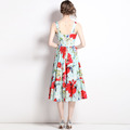 海邊度假洋裝氣質方領修身中長版荷葉邊大擺印花吊帶裙子_2