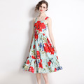 海邊度假洋裝氣質方領修身中長版荷葉邊大擺印花吊帶裙子_1