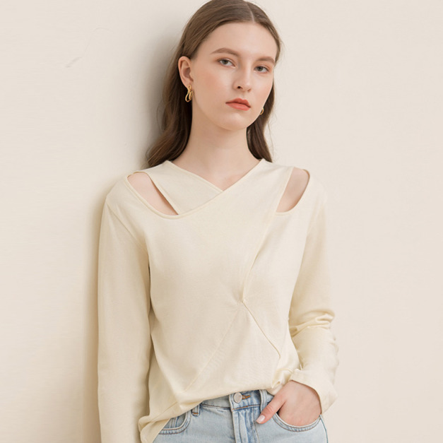 V領純棉鏤空設計感上衣長袖寬鬆打底衫