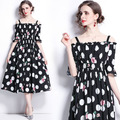 波西米亞裙荷葉短袖一字領黑白點點波洋裝度假長裙
