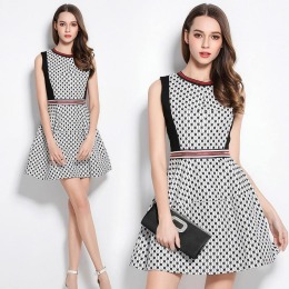 歐洲高檔時尚拼接修身點點波蓬蓬裙提花洋裝