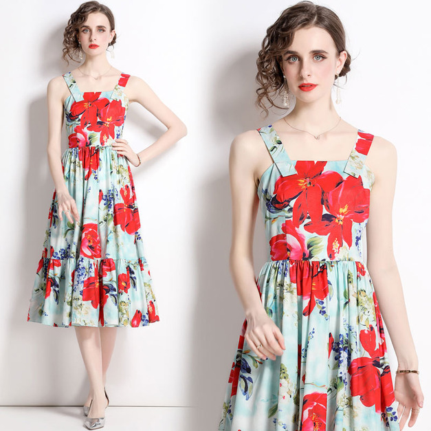 海邊度假洋裝氣質方領修身中長版荷葉邊大擺印花吊帶裙子