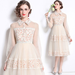 翻領長袖中長版禮服洋裝網紗拼接印花公主裙