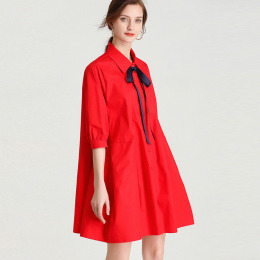 大碼棉花糖女孩時尚蝴蝶結繫帶收腰襯衫裙中長版顯瘦氣質