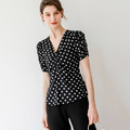 法式點點波復古V領堆堆袖性感顯瘦碎花短袖雪紡衫小衫