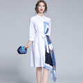 歐美拼接印花不規則七分袖洋裝(送腰帶)_1