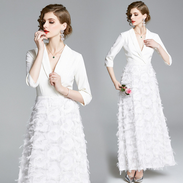 歐美復古流蘇拼接大擺長裙西服領氣質禮服裙