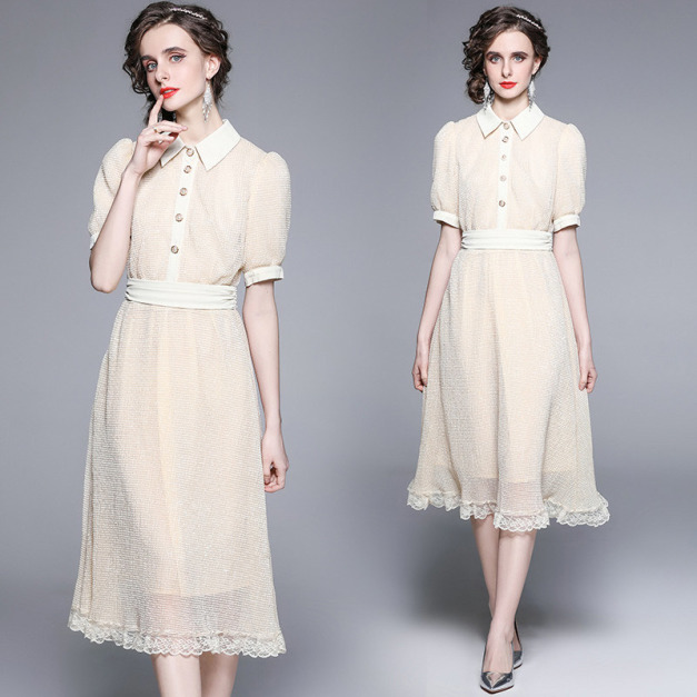 翻領短袖收腰顯瘦閃亮珠片亮片公主風中長版氣質洋裝