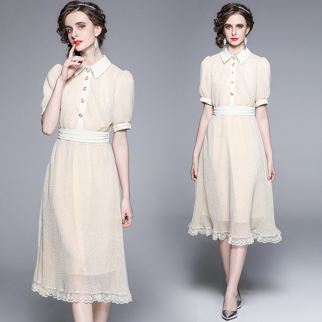 翻領短袖收腰顯瘦閃亮珠片亮片公主風中長版氣質洋裝