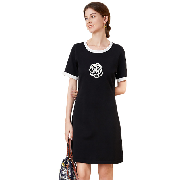 針織洋裝小香風中長裙山茶花釘珠a字裙冰絲輕奢氣質小黑裙