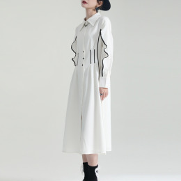 荷葉邊收腰顯瘦洋裝撞色不規則中長版裙子