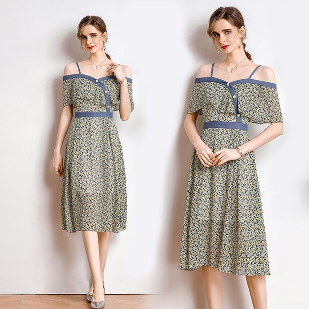 碎花吊帶連衣裙拼接牛仔氣質洋裝