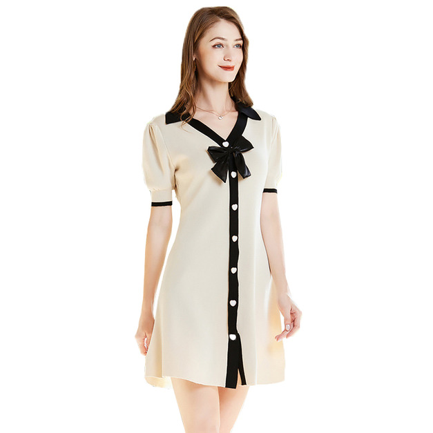 針織洋裝V領泡泡袖蝴蝶結A字裙冰絲裙