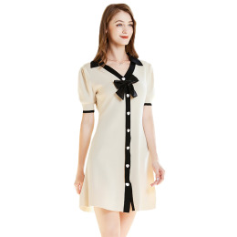 針織洋裝V領泡泡袖蝴蝶結A字裙冰絲裙