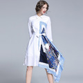 歐美拼接印花不規則七分袖洋裝(送腰帶)_2