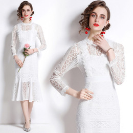 歐美時尚蕾絲立領包臀氣質收腰洋裝