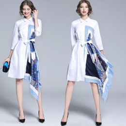 歐美拼接印花不規則七分袖洋裝(送腰帶)