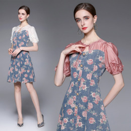 歐美氣質潮流時尚拼接花色修身顯瘦收腰牛仔洋裝