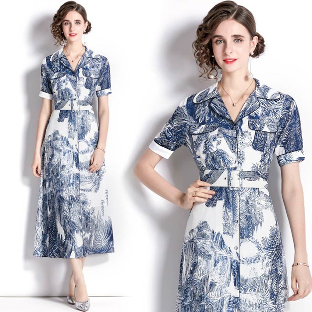 歐美休閒襯衫式印花長裙淡雅洋裝送腰帶