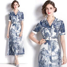 歐美休閒襯衫式印花長裙淡雅洋裝送腰帶