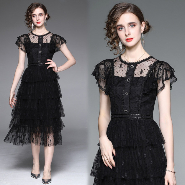 名媛氣質荷葉邊中長版蕾絲網紗刺繡蛋糕洋裝