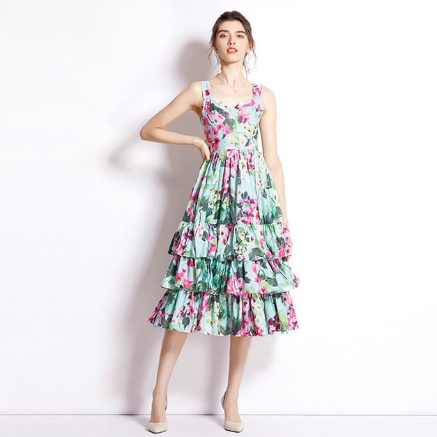 法式時尚印花吊帶裙修身高腰A字中長版洋裝