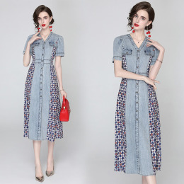 牛仔洋裝女碎花裙時尚洋氣禦姐輕熟風拼接雪紡裙