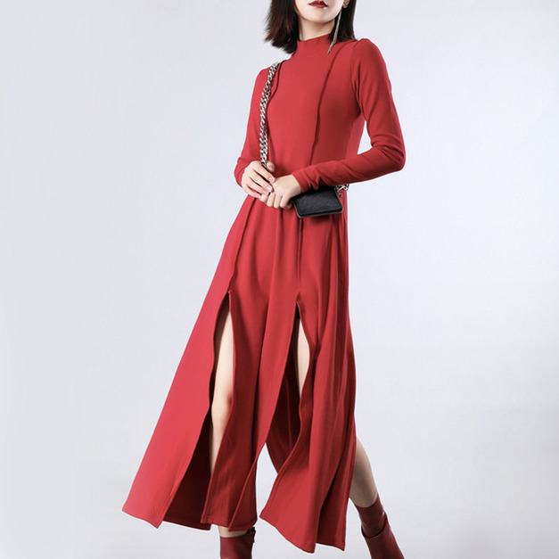 開叉大擺洋裝 小立領不規則長裙