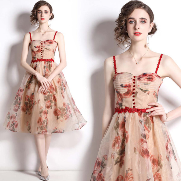 法式浪漫吊帶洋裝名媛氣質蕾絲收腰玫瑰網紗裙子