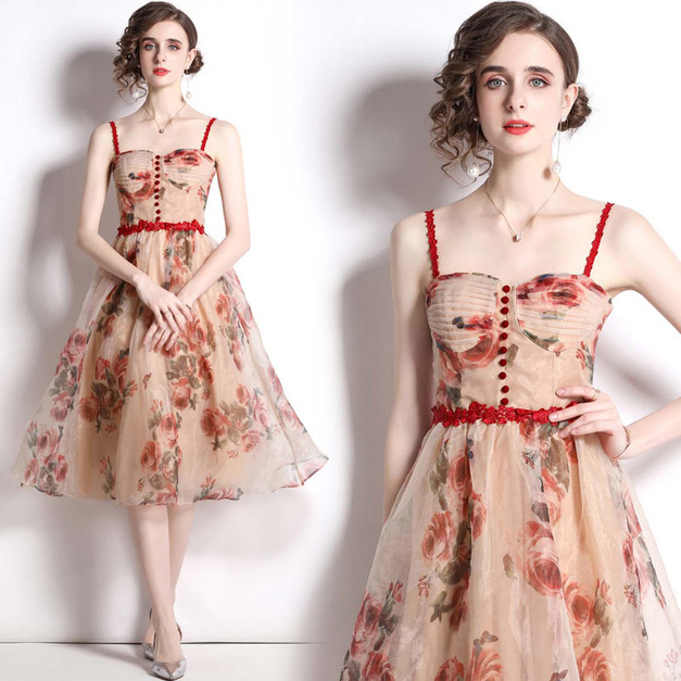 法式浪漫吊帶洋裝名媛氣質蕾絲收腰玫瑰網紗裙子