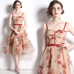 法式浪漫吊帶洋裝名媛氣質蕾絲收腰玫瑰網紗裙子