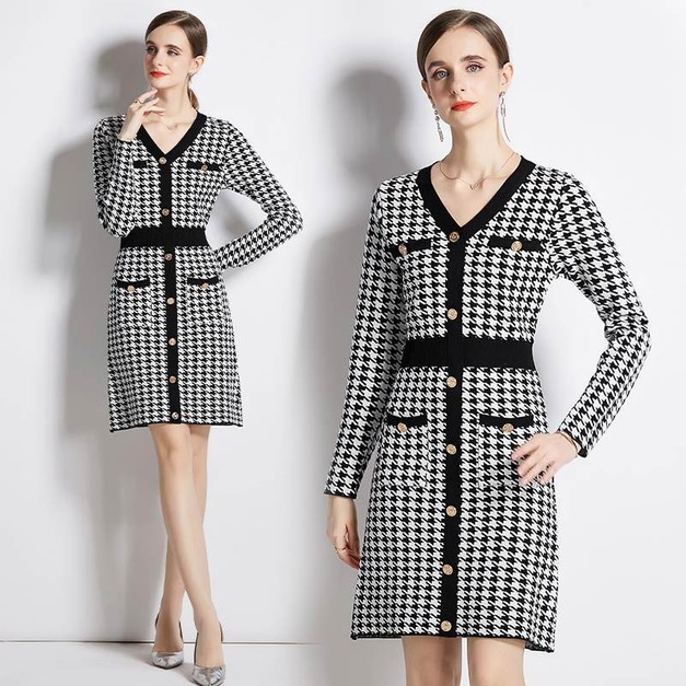 時尚設計感V領長袖洋裝顯瘦減齡通勤法式複古針織裙