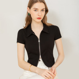 翻領拉鍊洋氣露腰短上衣短袖歐美風T恤女