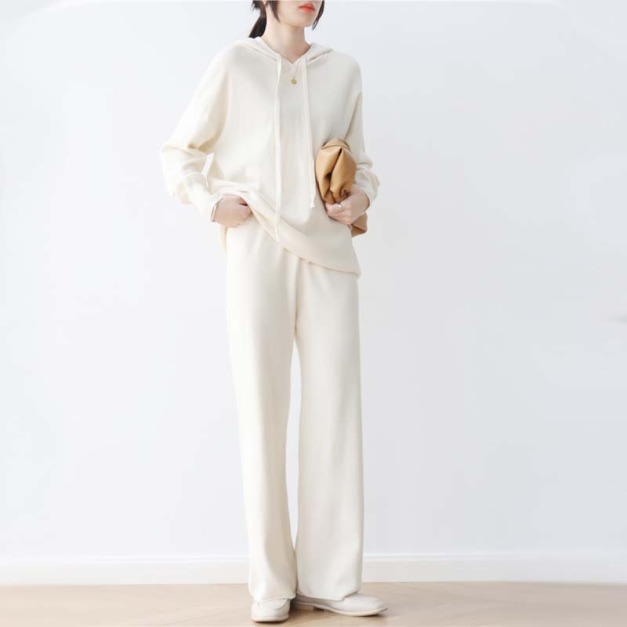 針織休閒套裝 連帽針織上衣長袖寬鬆毛衣+針織褲闊腿長褲兩件式