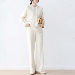 針織休閒套裝 連帽針織上衣長袖寬鬆毛衣+針織褲闊腿長褲兩件式