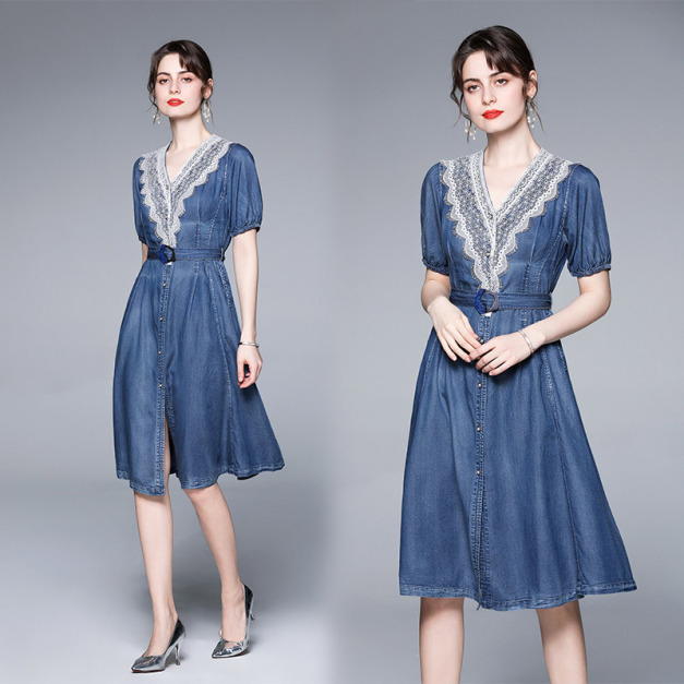天絲牛仔洋裝氣質蕾絲花邊短袖寬鬆顯瘦牛仔裙