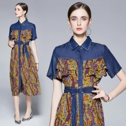 輕熟風時尚名媛牛仔衫拼接雪紡印花洋裝裙