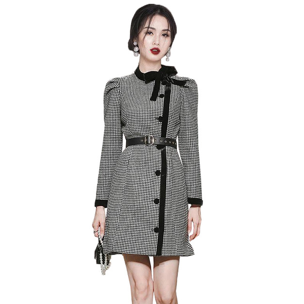歐美時尚蝴蝶結領鈕扣氣質千鳥格修身顯瘦洋裝