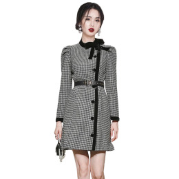 歐美時尚蝴蝶結領鈕扣氣質千鳥格修身顯瘦洋裝