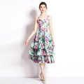 法式時尚印花吊帶裙修身高腰A字中長版洋裝_1