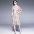 V領七分袖時尚雪紡印花修身中長版洋裝_1